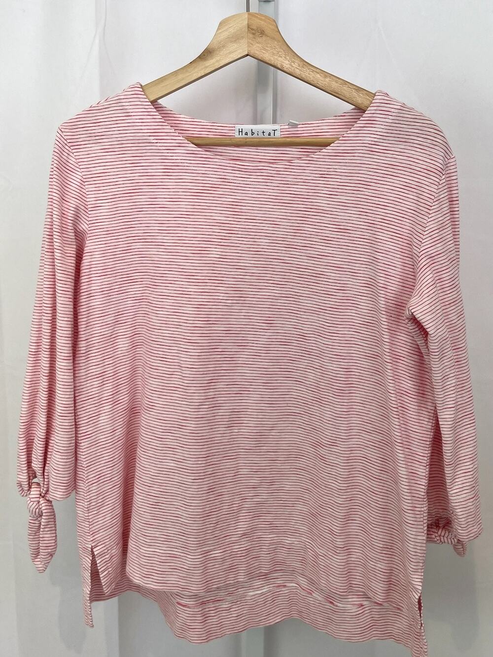 HABITAT Size XS Striped 3/4 Tie Sleeve Top Cotton Knit Shirt Pink White